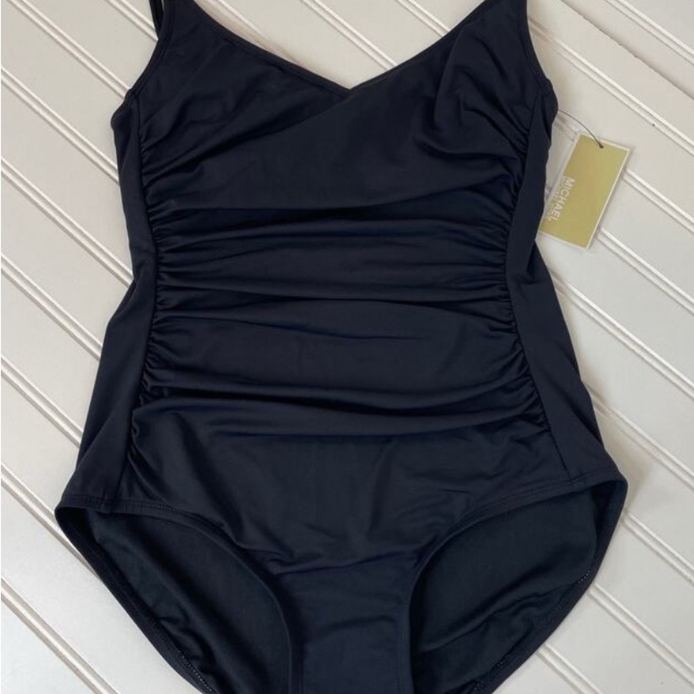 KORS Michael Kors Black and Blue One Piece Swimsuit V-Neck Ruched